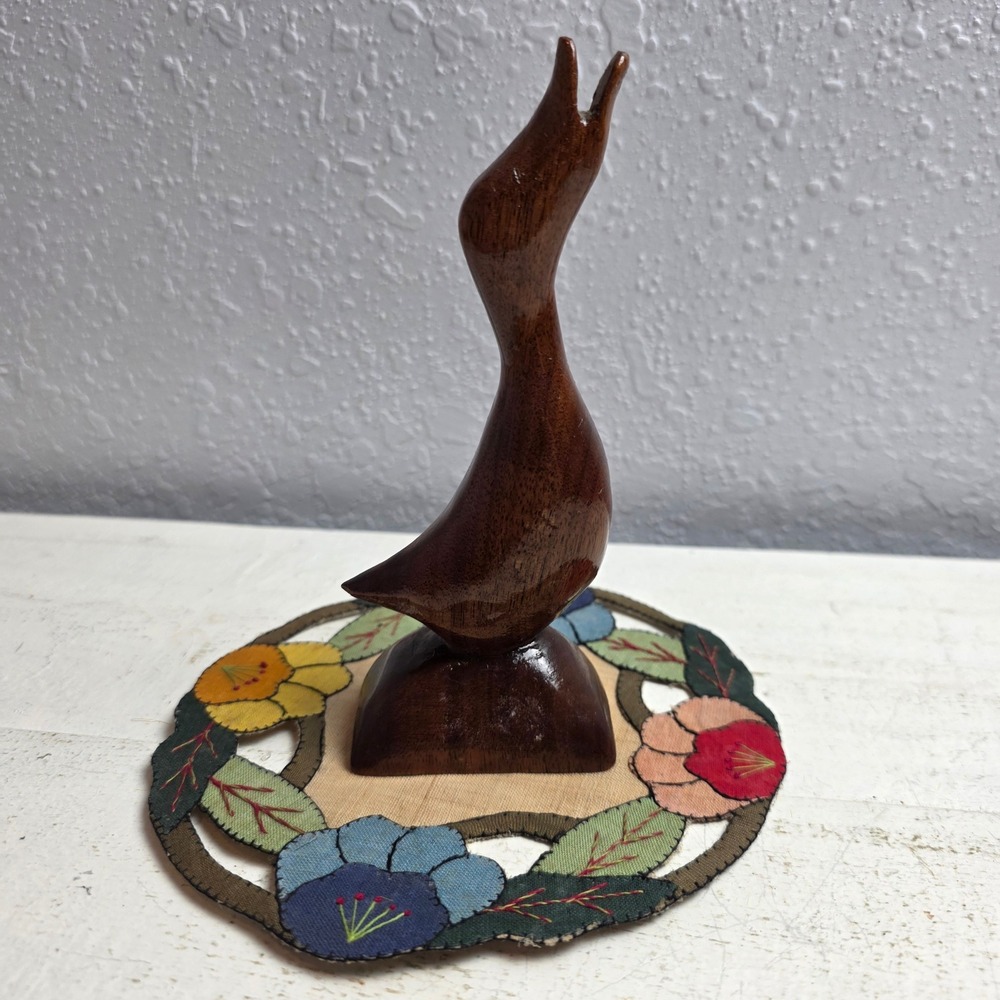 Vintage MCM Hand Carved Wood Duck Figurine Signed Dated 1988 Glossy Brown Bird